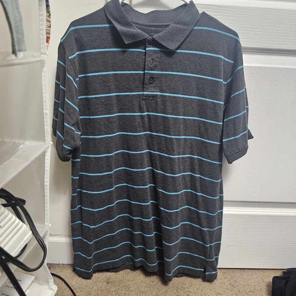 Galaxy By Harvic Charcoal Polo with Aqua Stripes